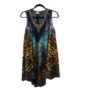 Olive One Size 100% Silk Beaded Sequin Tie Dye Batik Leopard Boho Indie Dress